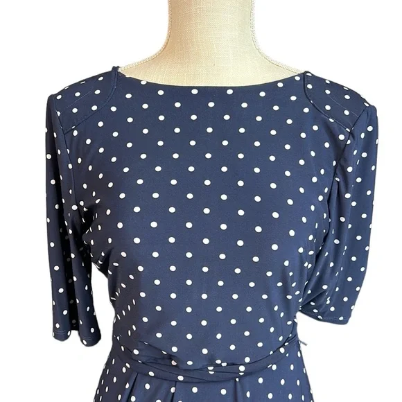 NWT Anne Klein Short Sleeve Dress Blue White Polka Dot Below Knee Midi Womens 4 - Picture 2 of 11